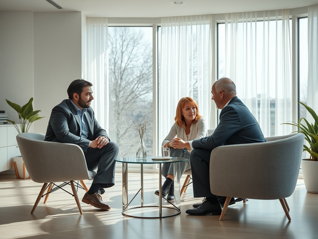 Трое людей в офисе обсуждают вопросы за столом. Вокруг много света и зелени.