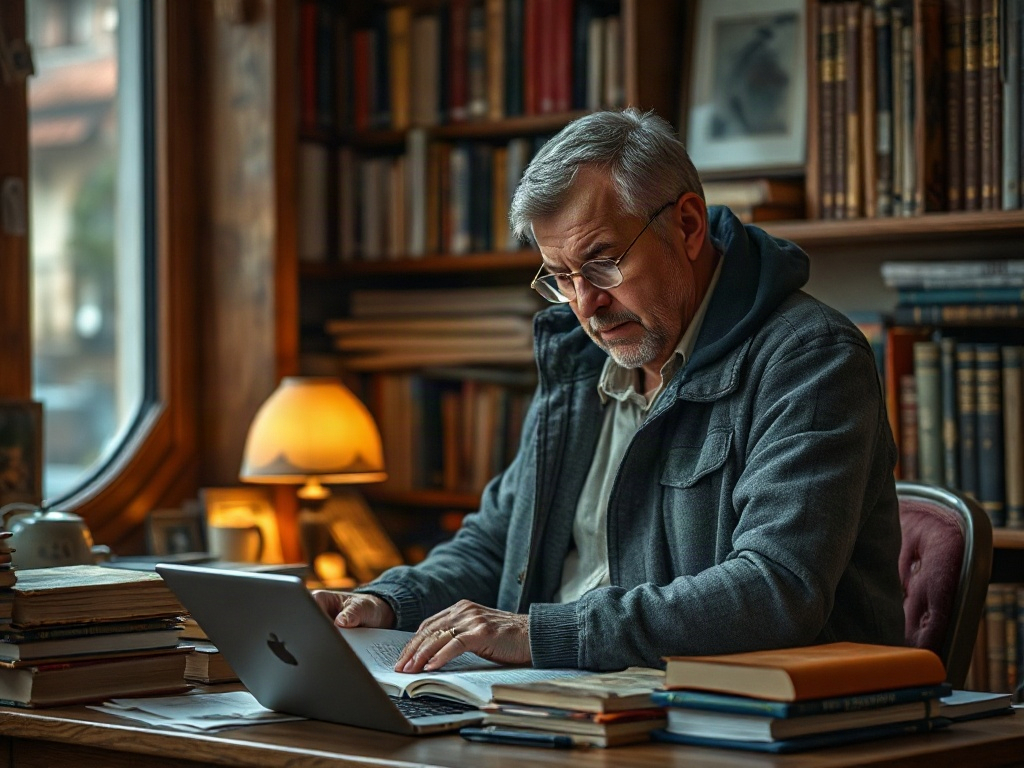 На изображении мужчина в очках работает за столом, окружённый книгами и уютным освещением.